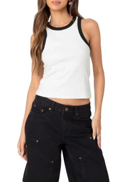 Edikted Wes Contrast Trim Rib Racerback Crop Tank In White And Black