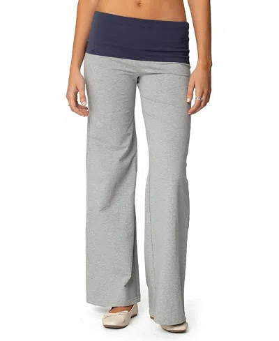 Edikted Wide Leg Contrast Fold Over Pants In Gray-melange