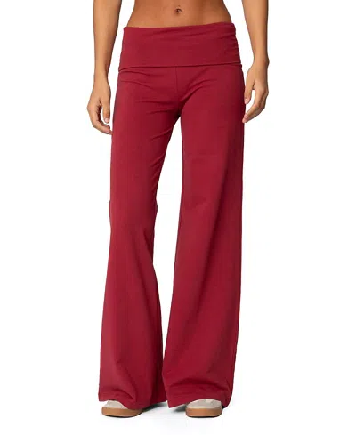 Edikted Wide Leg Fold Over Pants In Burgundy