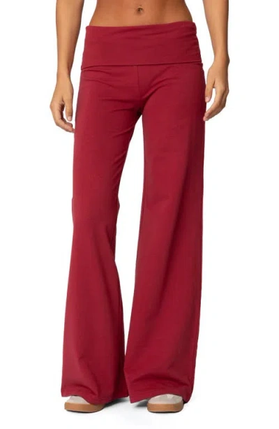 Edikted Wide Leg Fold Over Pants In Burgundy