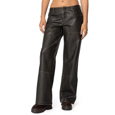 Edikted Wide Leg Washed Faux Leather Pants In Black