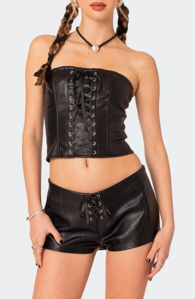 Edikted Wilde Faux Leather Lace-up Strapless Corset Top In Black
