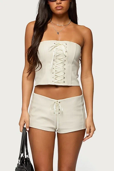 Edikted Wilde Lace-up Faux Leather Shorts In Neutral
