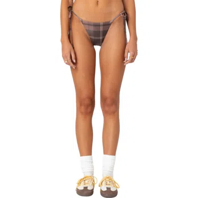 Edikted Wilhelmina Plaid Side Tie Bikini Bottoms In Brown
