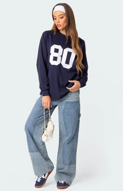 Edikted 80 Oversize Long Sleeve Cotton Graphic T-shirt In Navy