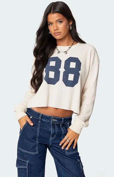 Edikted 88 Crop Long Sleeve Waffle Knit Top In Neutral