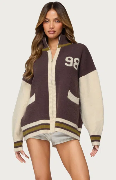 Edikted 98 Varsity Zip Up Sweater In Brown