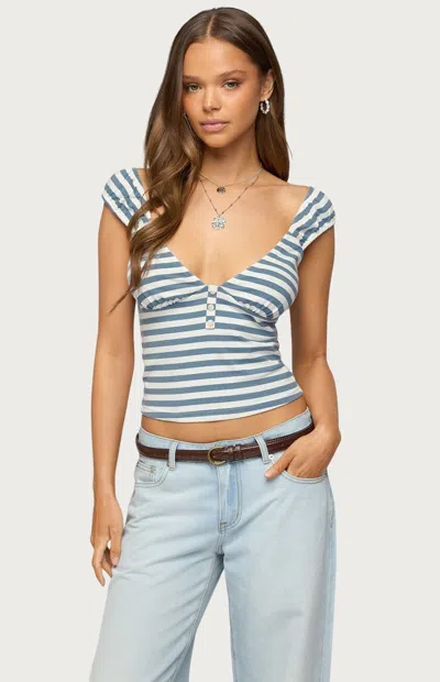 Edikted Aina Stripe V-neck Henley Top In Blue