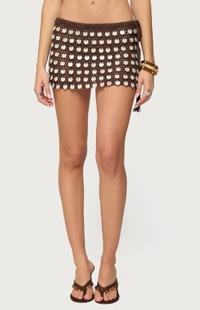 Edikted Alora Iridescent Crochet Mini Skirt In Brown