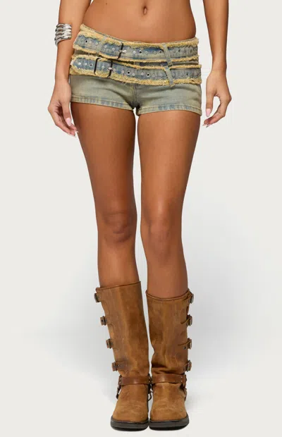 Edikted Alyza Distressed Belted Denim Shorts In Blue