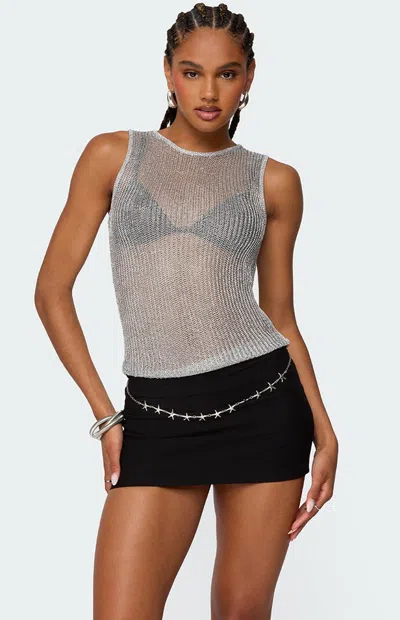 Edikted Amalya Shiny Open Stitch Mesh Tank In Silver
