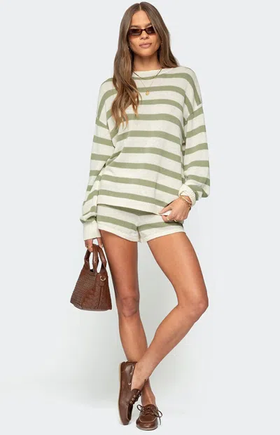 Edikted Amaris Stripe Drawstring Cotton Shorts In Green