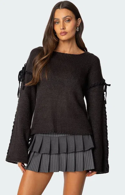 Edikted Women's Amelia Lace Up Sleeve Sweater In Dark Gray