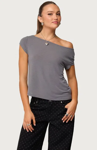 EDIKTED WOMEN'S ANABELLA OFF SHOULDER TOP IN DARK GRAY