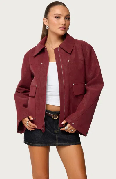Edikted Annabelle Oversized Faux Suede Jacket In Burgundy