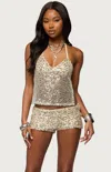 Edikted Annael Sequin Mesh Open Back Halter Top In Gold