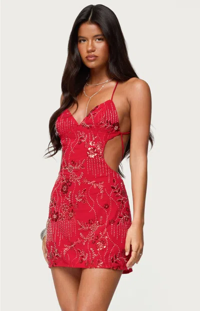 Edikted Annalee Backless Beaded Chiffon Mini Dress In Red