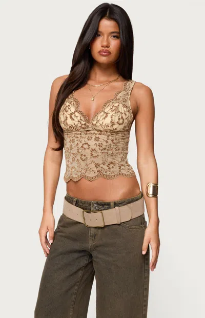 Edikted Araura Velvet Floral Sheer Top In Brown