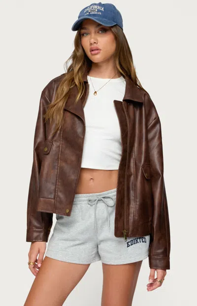 Edikted Ardella Oversized Faux Leather Jacket In Brown
