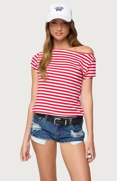 Edikted Aretha Stripe Off The Shoulder Stretch Cotton Top In Red