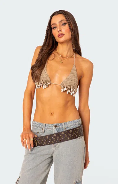 Edikted Aruba Beaded Crochet Bra Top In Beige