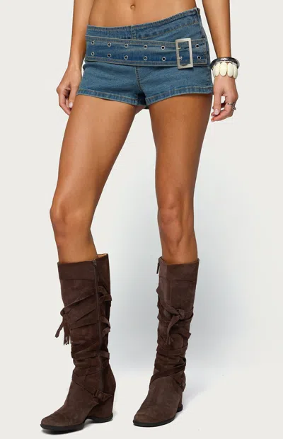 Edikted Asymmetric Belted Low Rise Denim Micro Shorts In Blue
