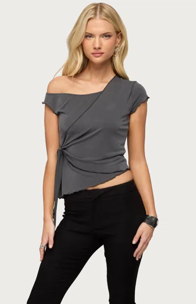 Edikted Asymmetric Off The Shoulder Wrap Top In Gray