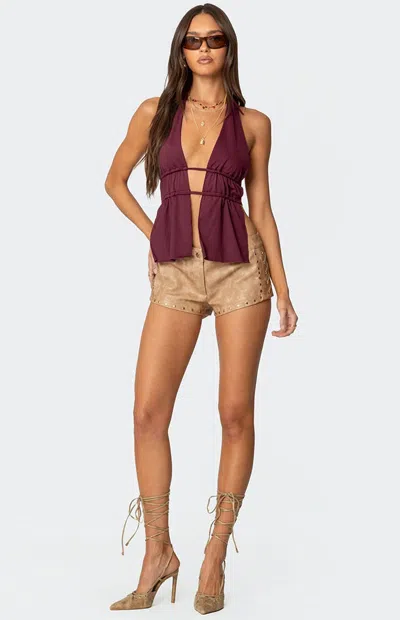 Edikted Women's Audrey Faux Leather Studded Micro Shorts In Tan In Brown