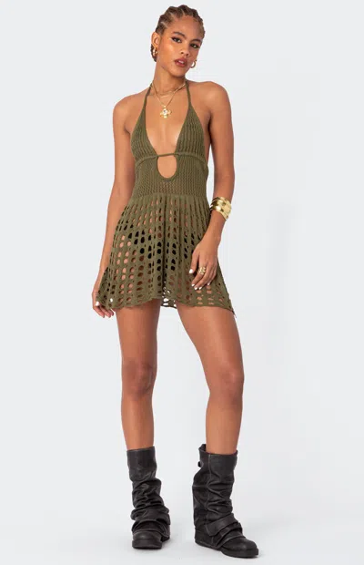 Edikted Women's Austin Open Back Crochet Mini Dress In Olive In Green