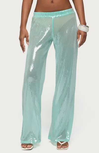 Edikted Avalee Sequin Low Rise Wide Leg Pants In Blue