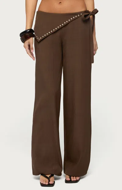 Edikted Avery Studded Foldover Low Rise Wide Leg Pants In Brown