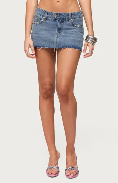 Edikted Avielle Studded Raw Hem Denim Miniskirt In Blue