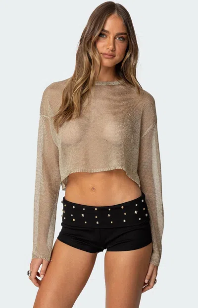Edikted Aviva Crop Metallic Semisheer Sweater In Gold
