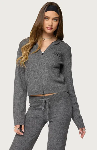 Edikted Ayah Knit Zip Crop Hoodie In Gray