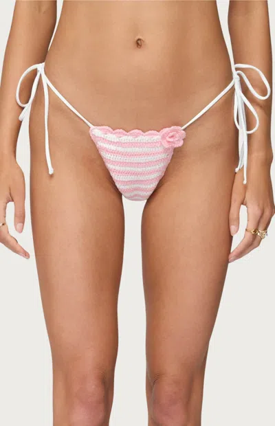 EDIKTED WOMEN'S AZALEA CROCHET STRING BIKINI BOTTOM IN PINK/WHITE