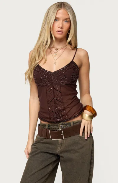 Edikted Azelia Beaded Sheer Mesh Chiffon Top In Brown