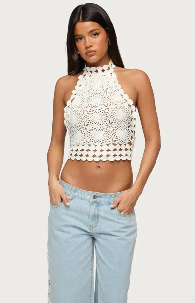 Edikted Women's Backless Crochet High Neck Halter Top In Cream In White