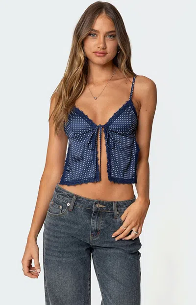 EDIKTED WOMEN'S BACKLESS SATIN EFFECT POLKA DOT TOP IN NAVY