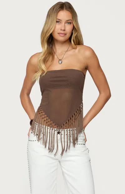 EDIKTED WOMEN'S BACKLESS SHEER MESH STRAPLESS TOP IN BROWN