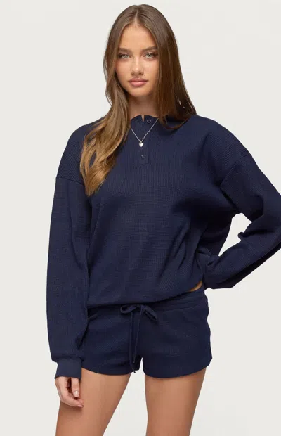 Edikted Women's Baila Waffle Henley Top In Navy In Blue