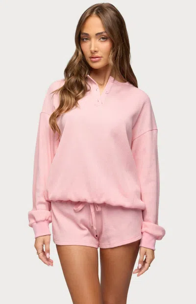 Edikted Baila Waffle Knit Henley Top In Pink