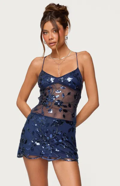 Edikted Beaded Sequin Strappy Minidress In Blue