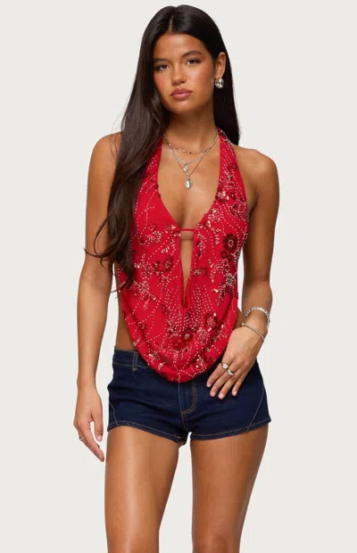 Edikted Beaded Cowl Neck Open Back Halter Top In Pink