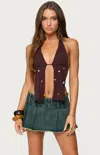 Edikted Beaded Distressed Split Front Halter Top In Brown