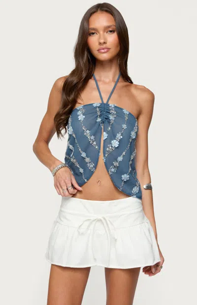 Edikted Floral Beaded Sequin Split Chiffon Halter Top In Blue