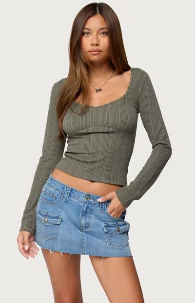 Edikted Women's Beatrix Lacey Ribbed Top In Olive In Green