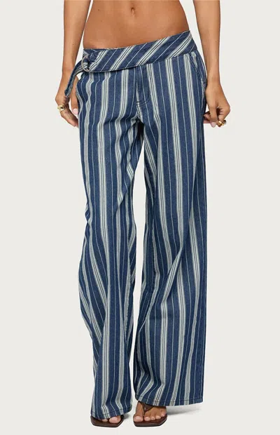Edikted Women's Belt Striped Low Rise Baggy Jeans In Blue/white