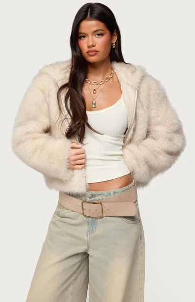 Edikted Beyonca Faux Fur Hooded Crop Jacket In Multi