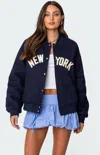 Edikted Big Apple Oversized Bomber Jacket In Blue