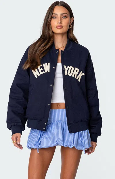 EDIKTED WOMEN'S BIG APPLE OVERSIZED BOMBER JACKET IN NAVY